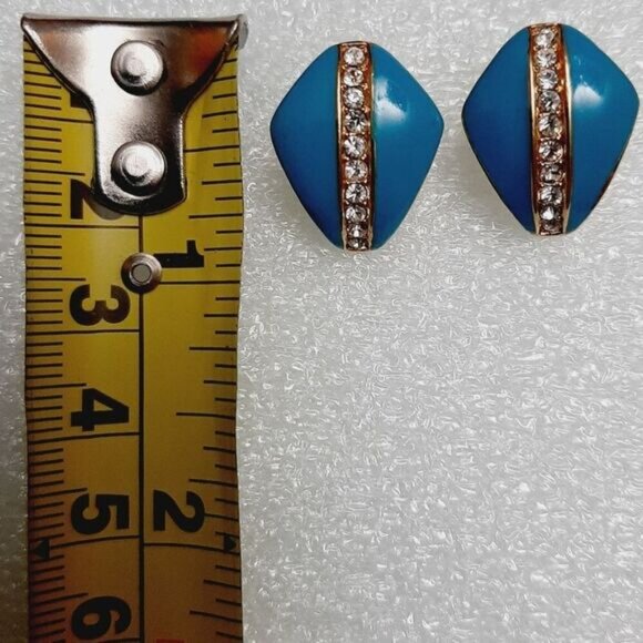 VENDOME Signed Vintage Turquoise Blue Enamel Post Earrings & Rhinestones Jewelry - Picture 2 of 14